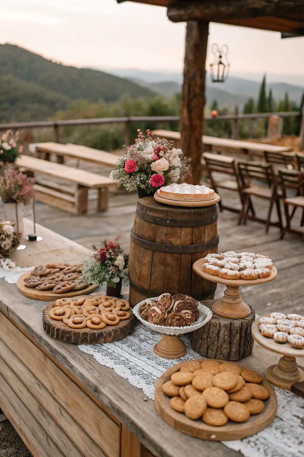 An outdoorsy-themed wedding cookie display with timber accents.