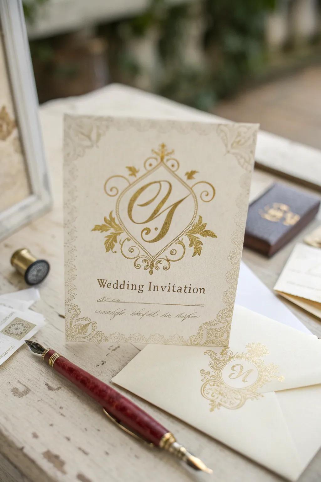 Wedding invitation with a personalized crest, introducing a distinctive element.