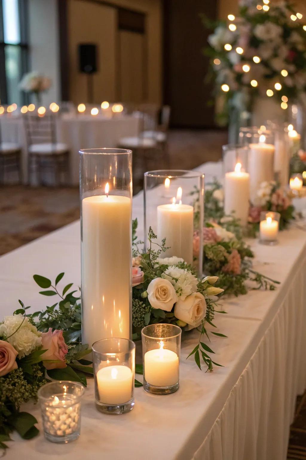 Streamlined glass columns for a modern centerpiece aesthetic.