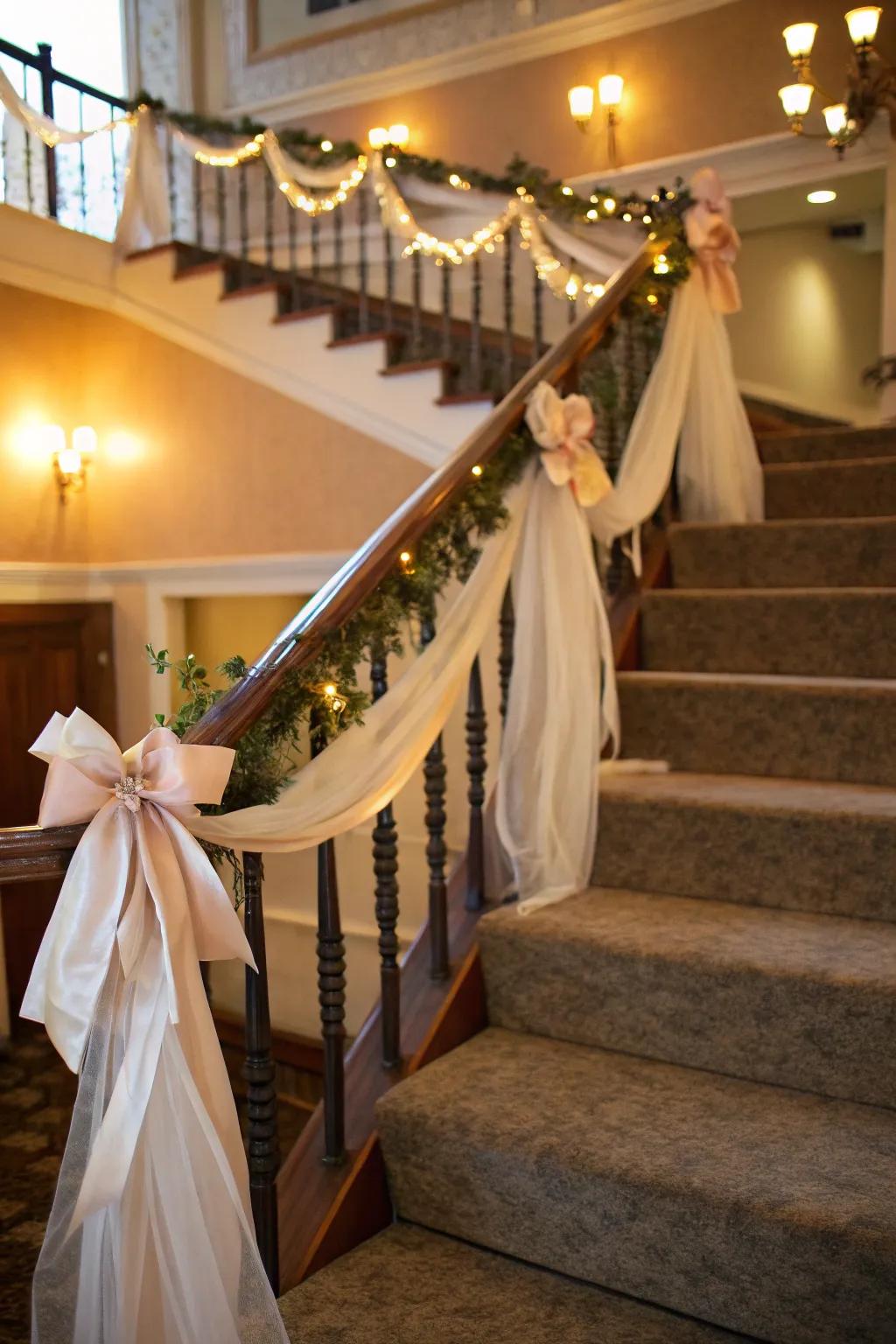 Silk strips impart a gentle sophistication to this exquisitely adorned stairway.