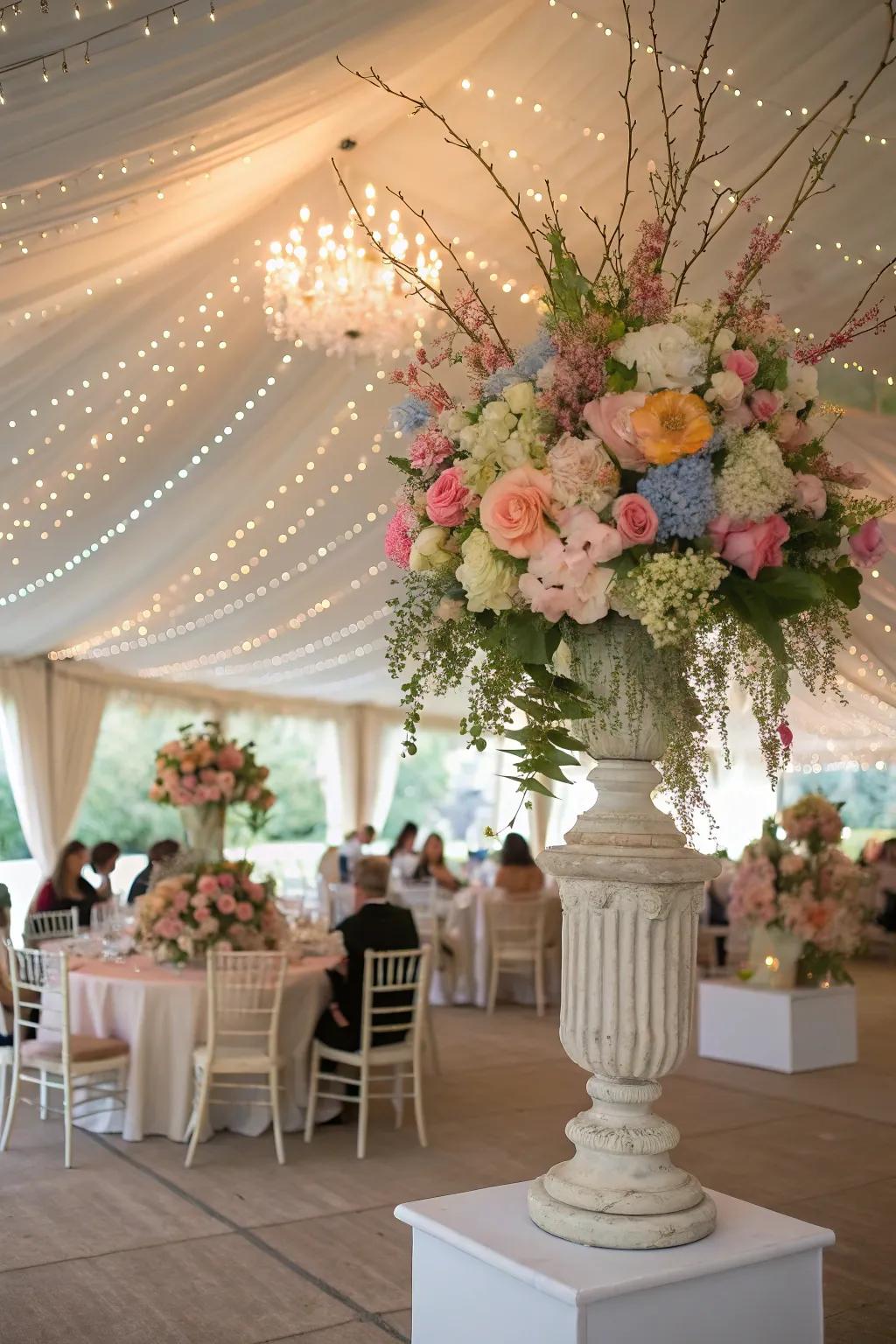 Flowers amplify the romantic atmosphere of the wedding tent.