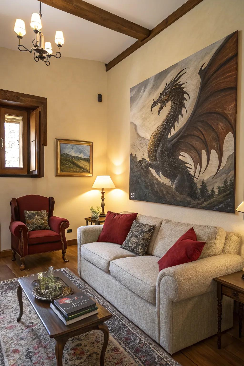 A dragon artwork that becomes a focal piece in the living area.