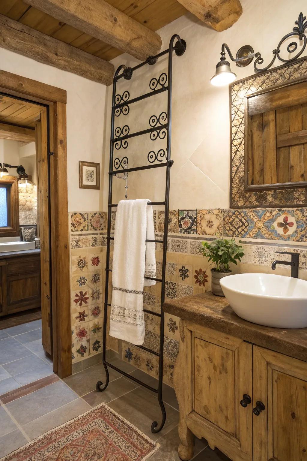 Metallic details impart a genuine Western nuance to this bathroom.
