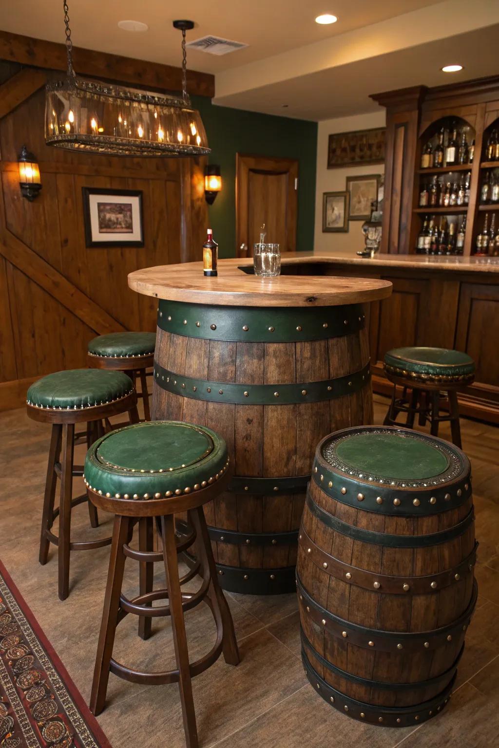 Realize a unified wet bar arrangement by featuring cask-themed sitting perches, flawlessly merging style and ease.