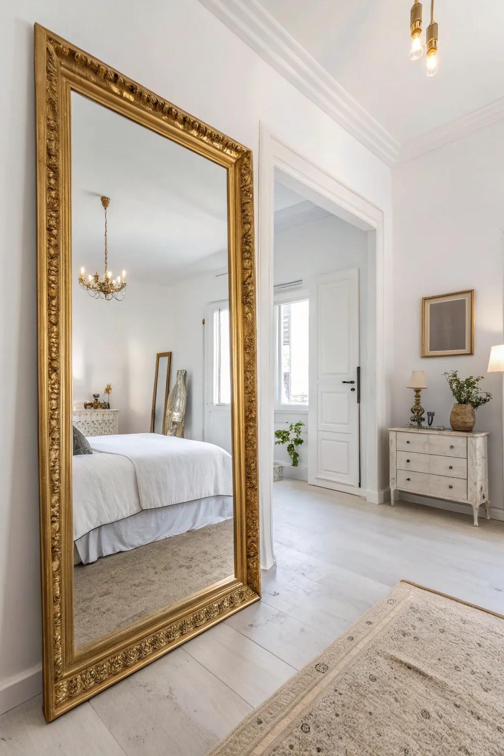 Mirrors in gold frames enhance both light and dimensions.