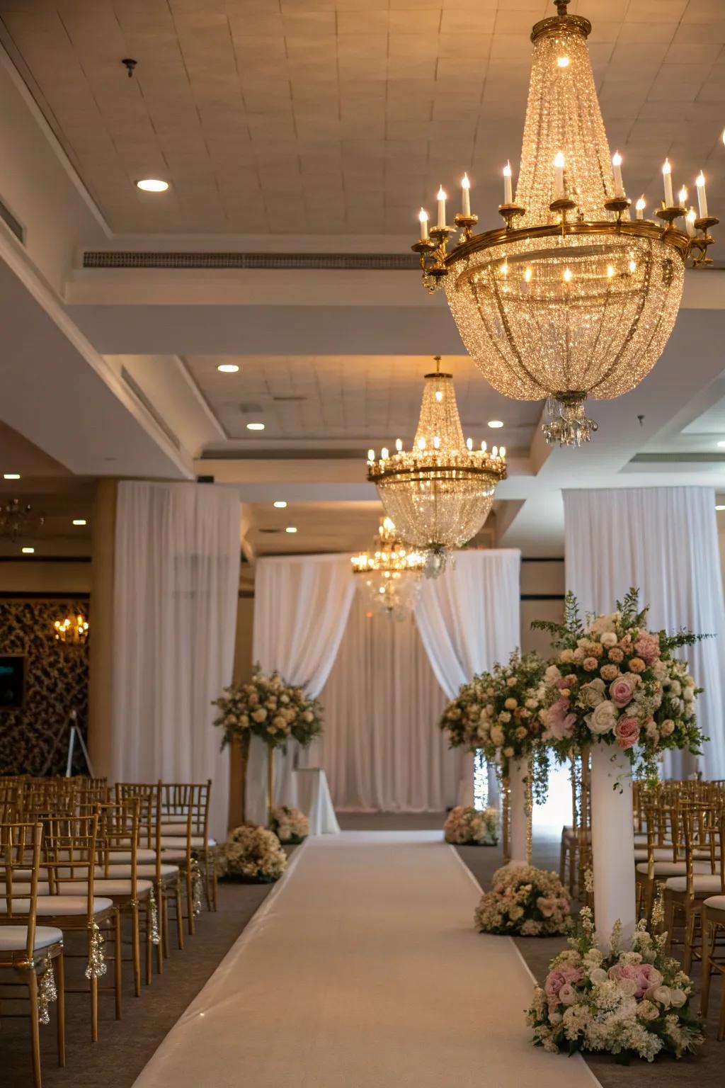 Regal illumination featuring chandeliers finished in gold.