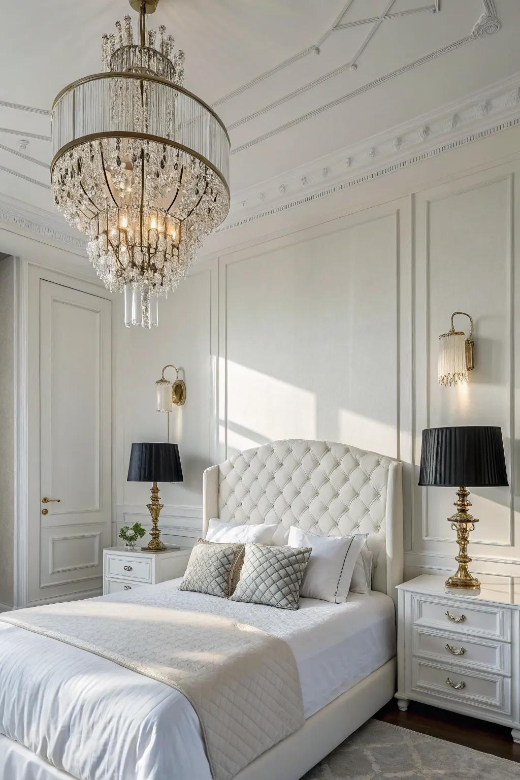 Refined illumination structures elevate the mood of a white bedroom.