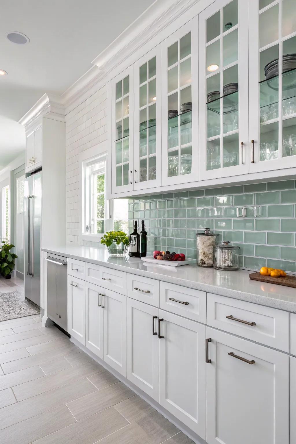 Gleaming glass rectangles adding a light-enhancing touch to white cabinetry.