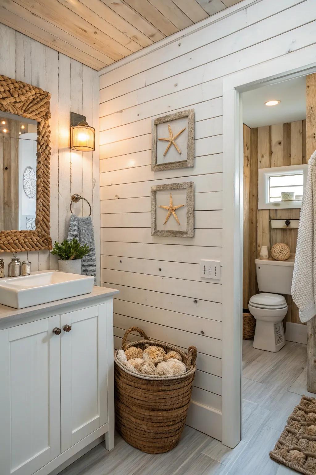 Dimension-rich timber plank walls add dimension to a coastal bathroom.