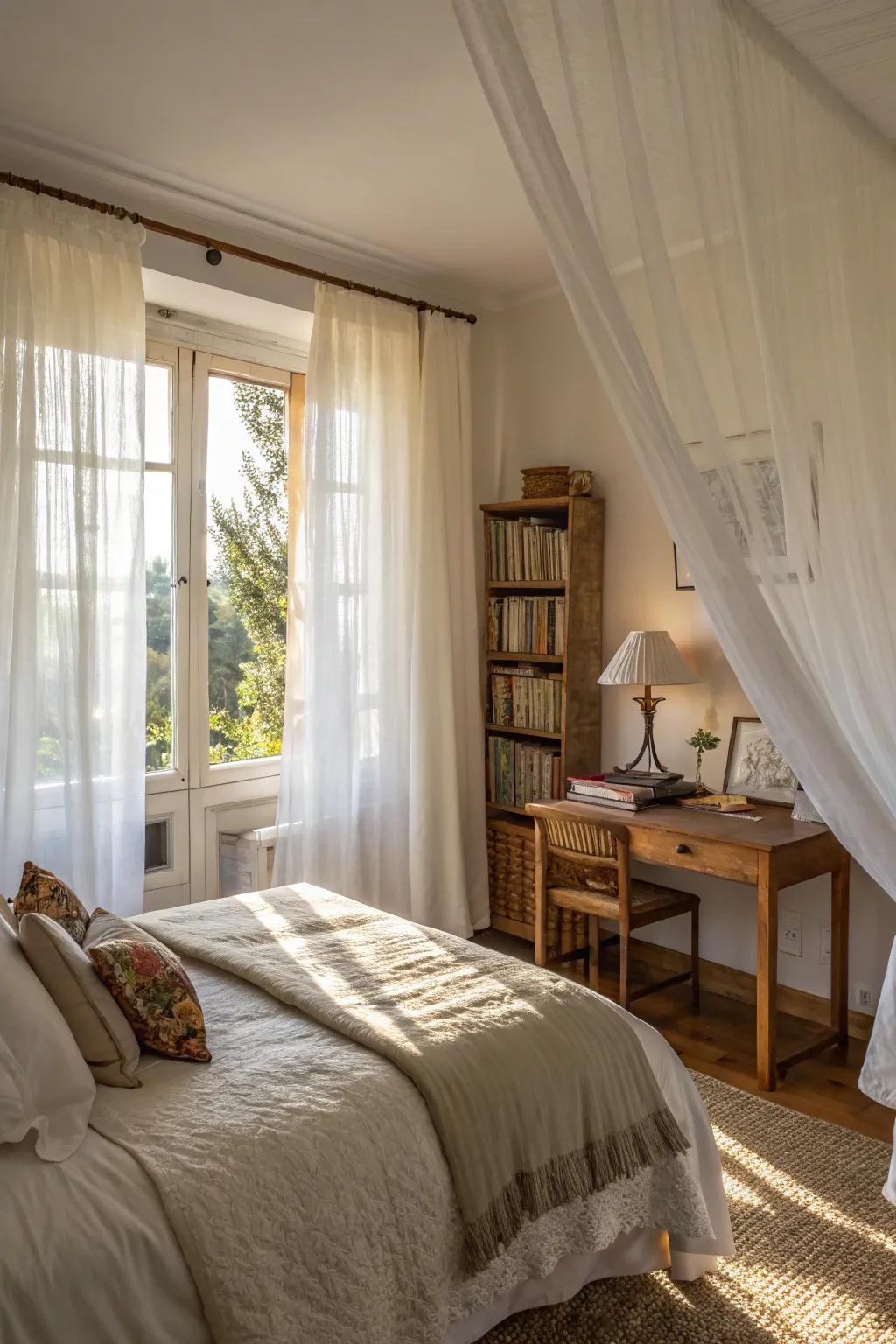 Gossamer pale drapes maximize sunlight, enhancing the room's warmth.