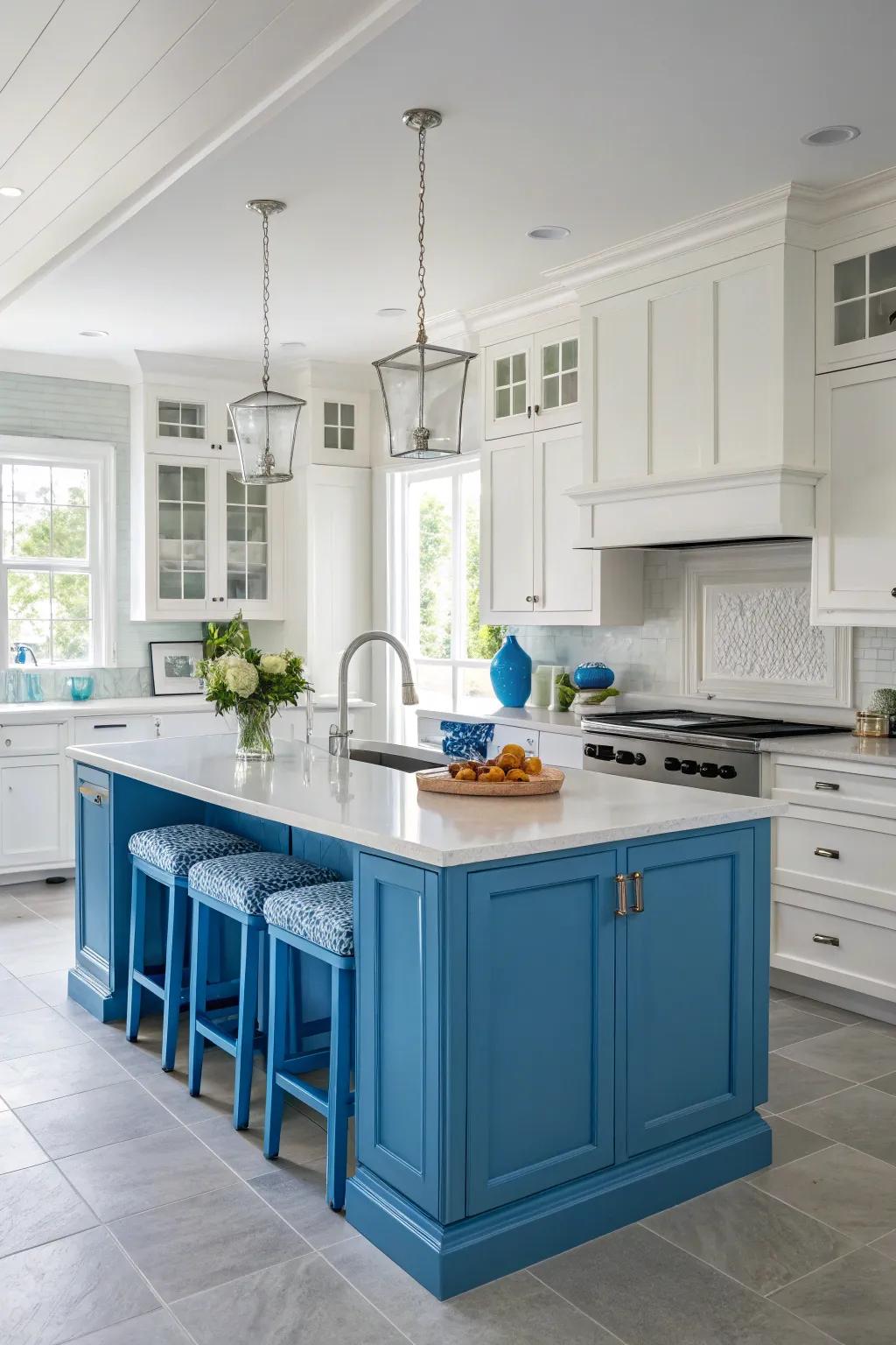 A vibrant island introduces a playful aspect to white kitchen cabinets.