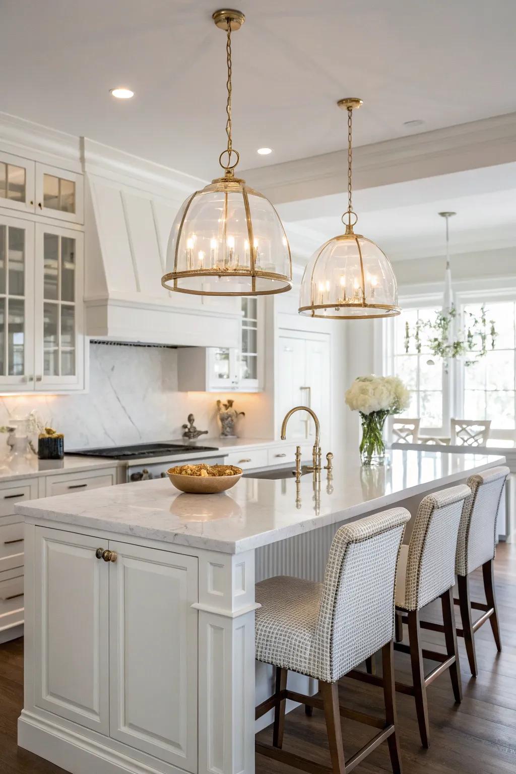 Chic dangling lights brighten the white kitchen setting.