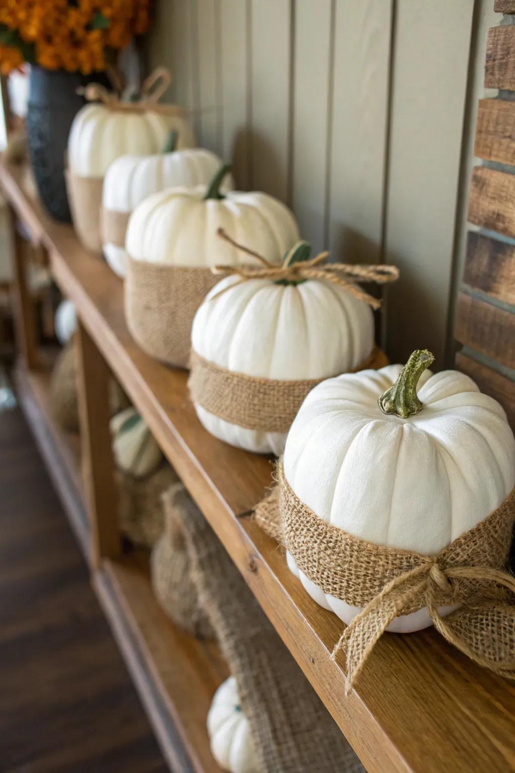 Hessian textile-wrapped pumpkins for a rustic allure.