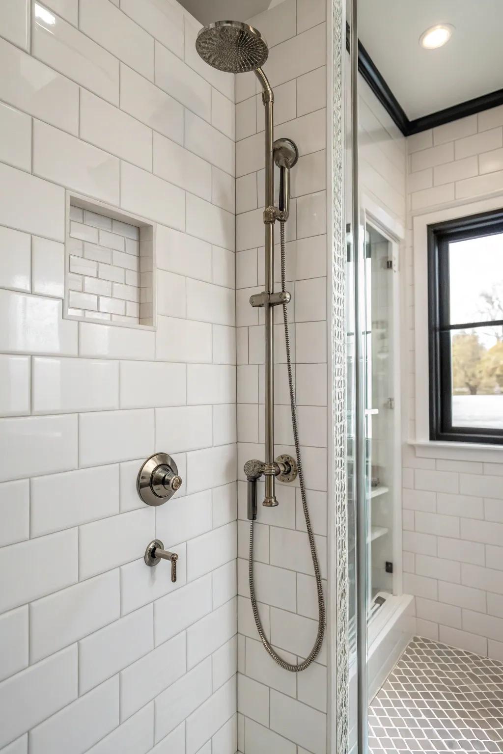 A monochrome white shower accentuated with metallic fixtures.