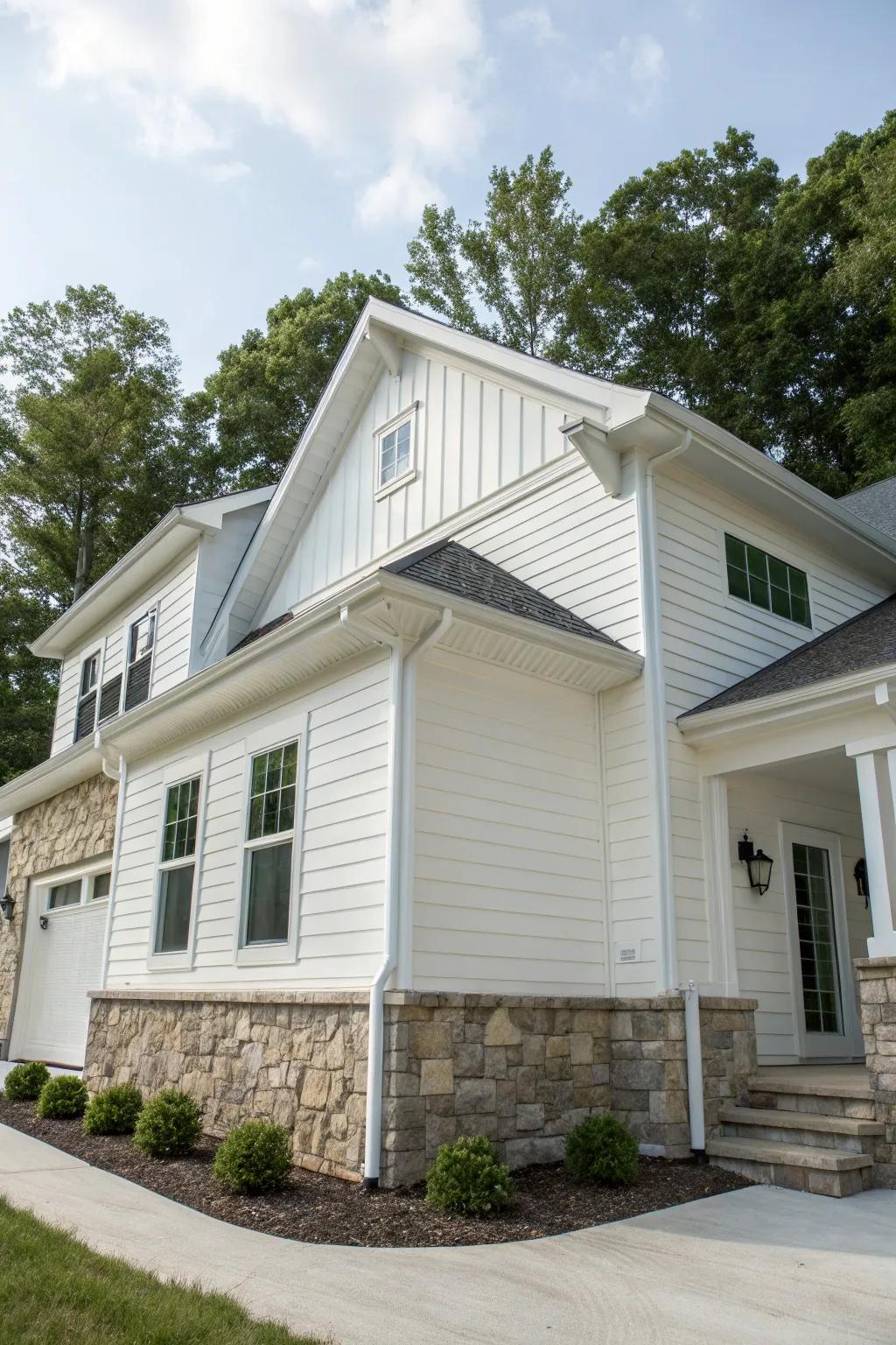 A country-contemporary house mixing white vinyl siding with natural stone features.
