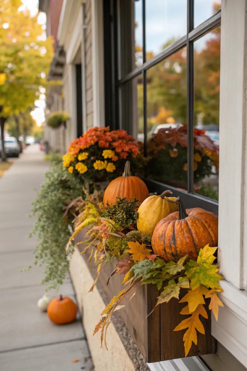 A window box embellished with gourds for fall.