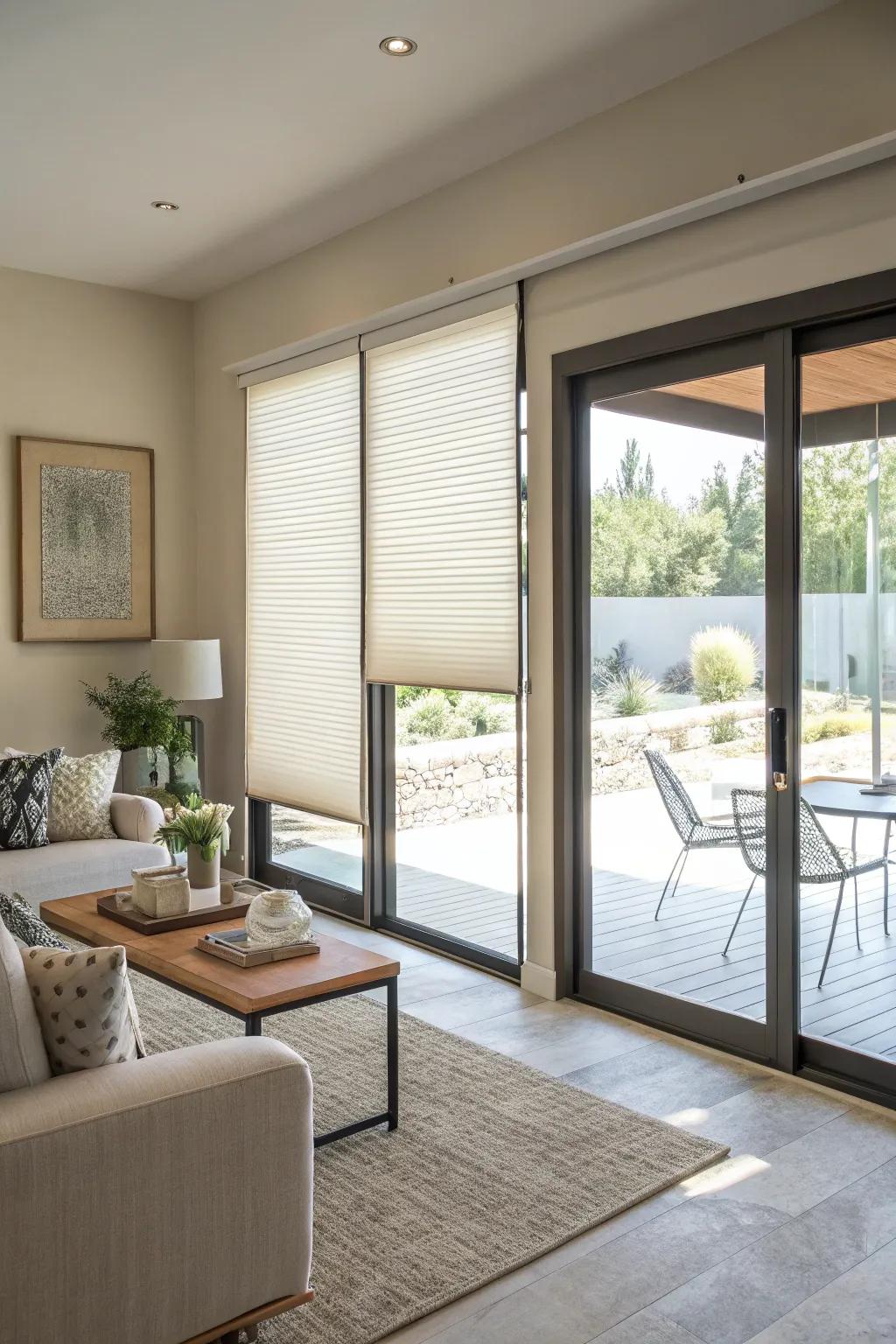 Vertical honeycomb veilings offer energy efficiency and panache.