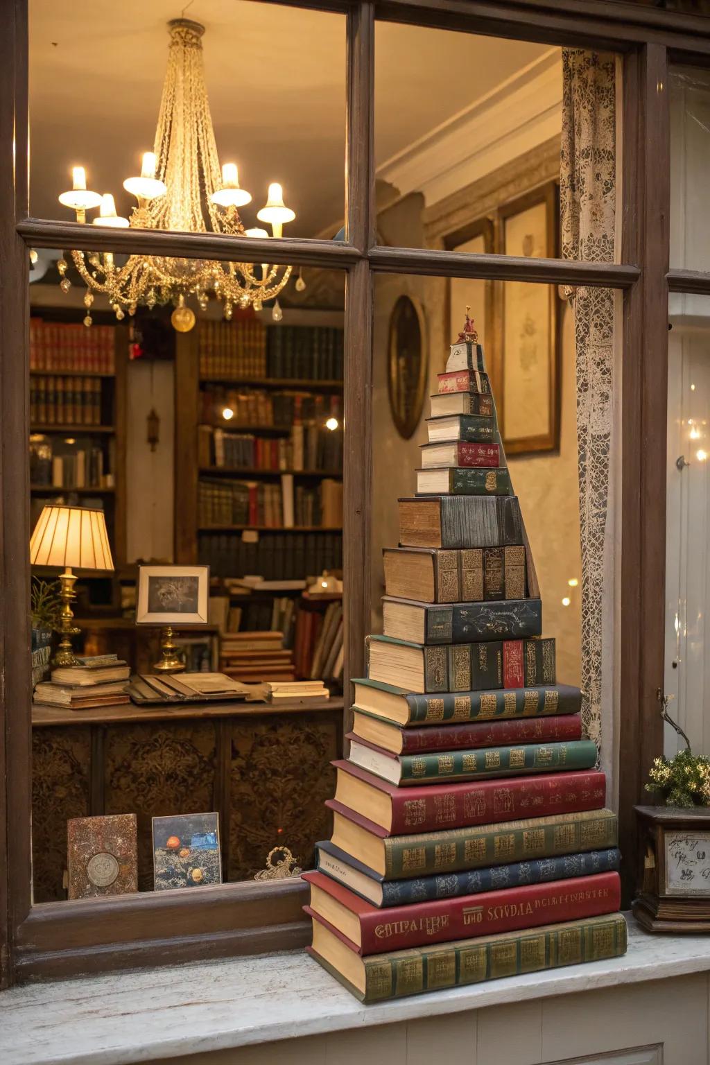 A creative vintage book display offers charm and nostalgia.