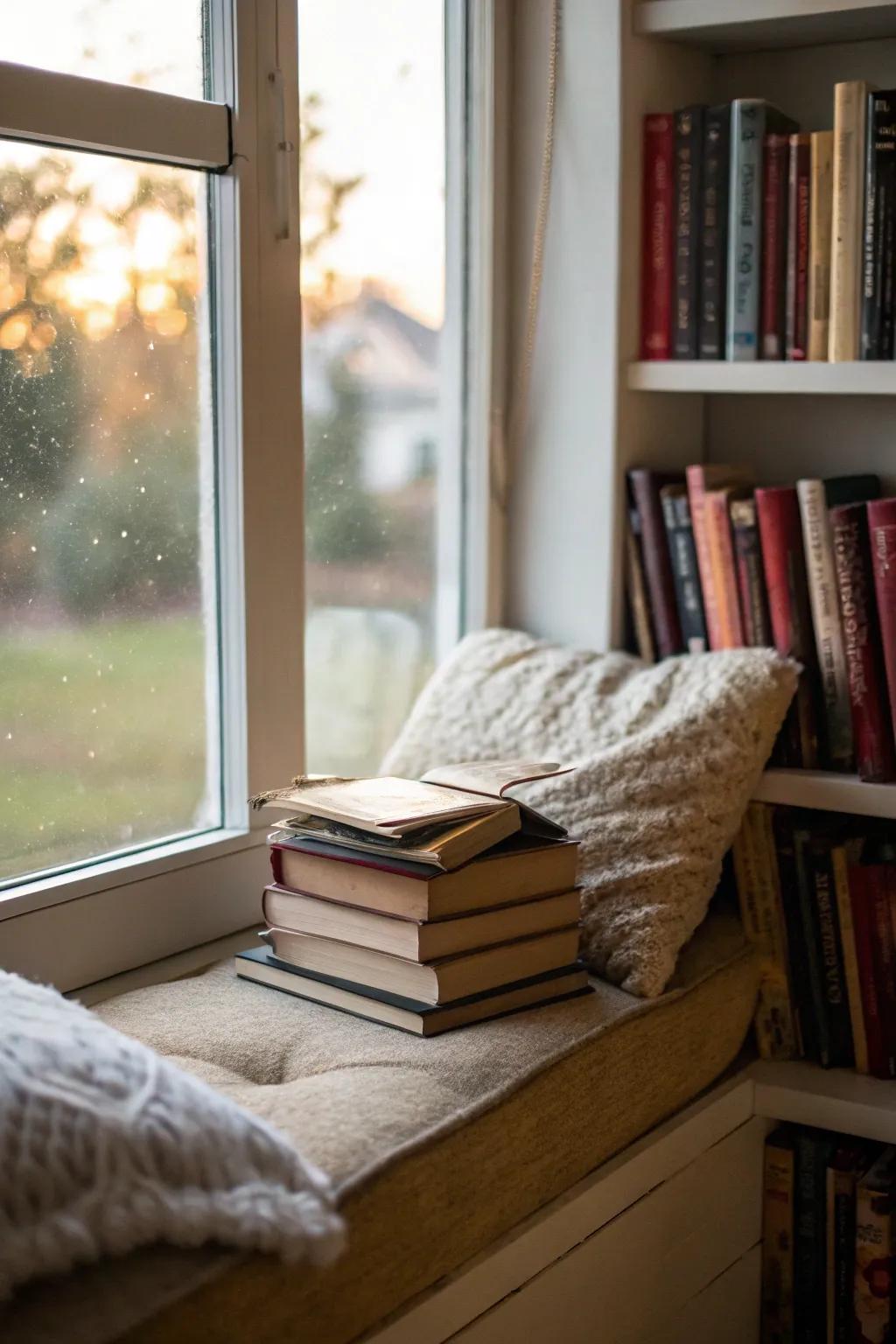A <strong>window seat</strong> transformed into a reading area filled with calmness and books.&rdquo; loading=&rdquo;lazy&rdquo; class=&rdquo;pimg&rdquo;>
	</picture><figcaption>A <strong>window seat</strong> transformed into a reading area filled with calmness and books.</figcaption></figure>
<p>Transform your <strong>window seat</strong> to become a reading space through adding an adjacent bookshelf. I have arranged preferred books in proximity which makes it a wonderful refuge.</p>
<h3>Explore these options:</h3>
<ul class=