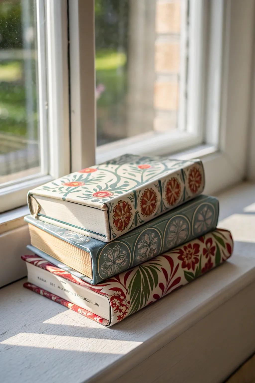 A window sill adorned with decorative books, adding a personal and colorful touch.
