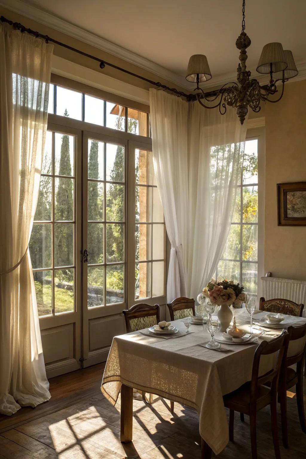 Sheer curtains give privacy while allowing light to flood the space.