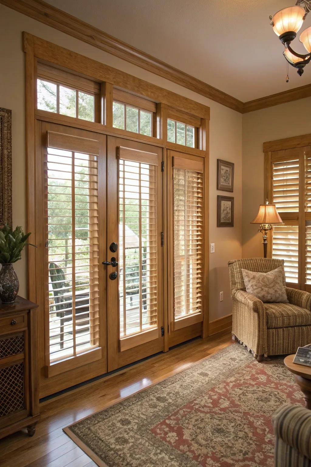 Timber slats bring classic elegance to French doors.