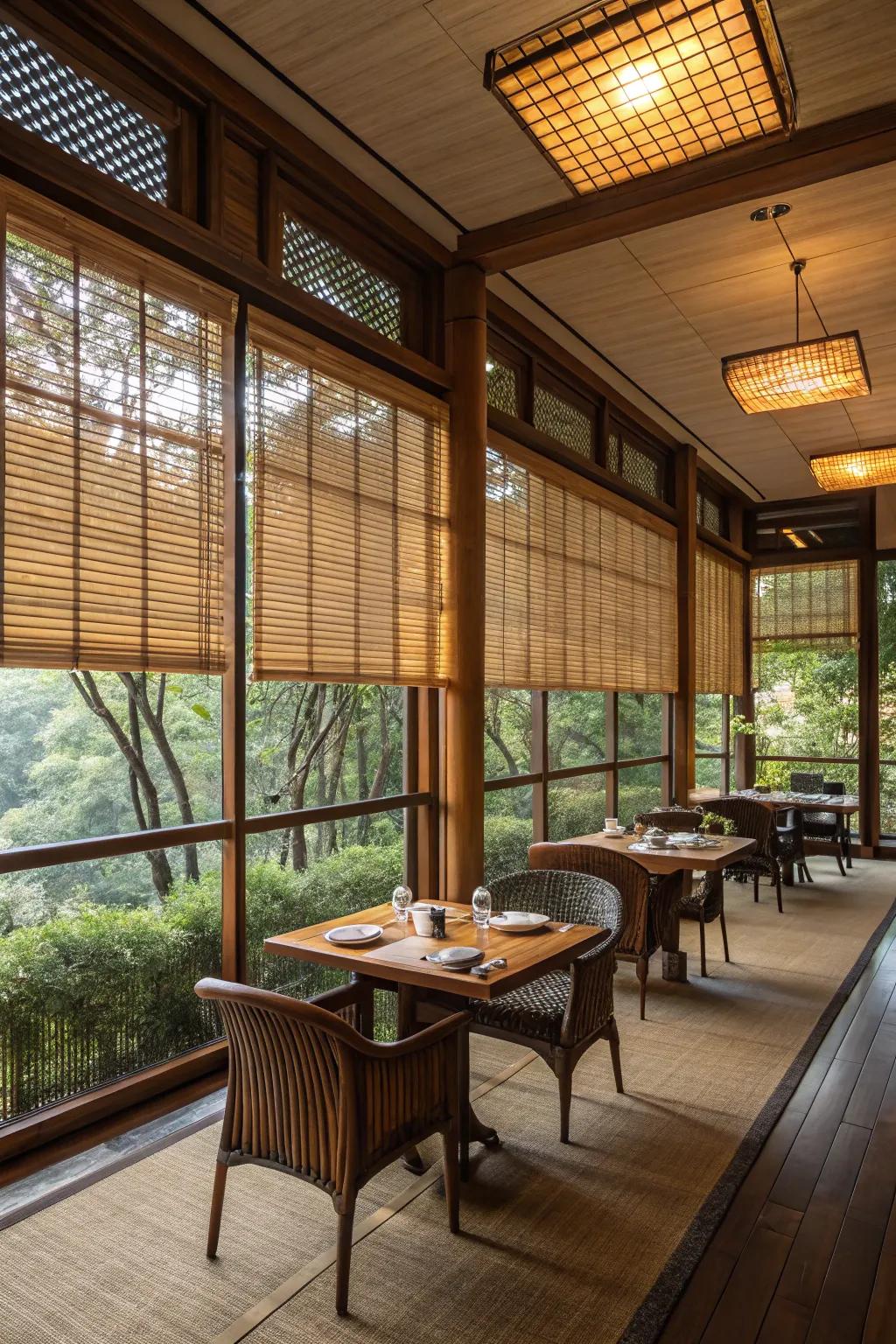 Bamboo screenings contribute natural elements and warmth to the setting.