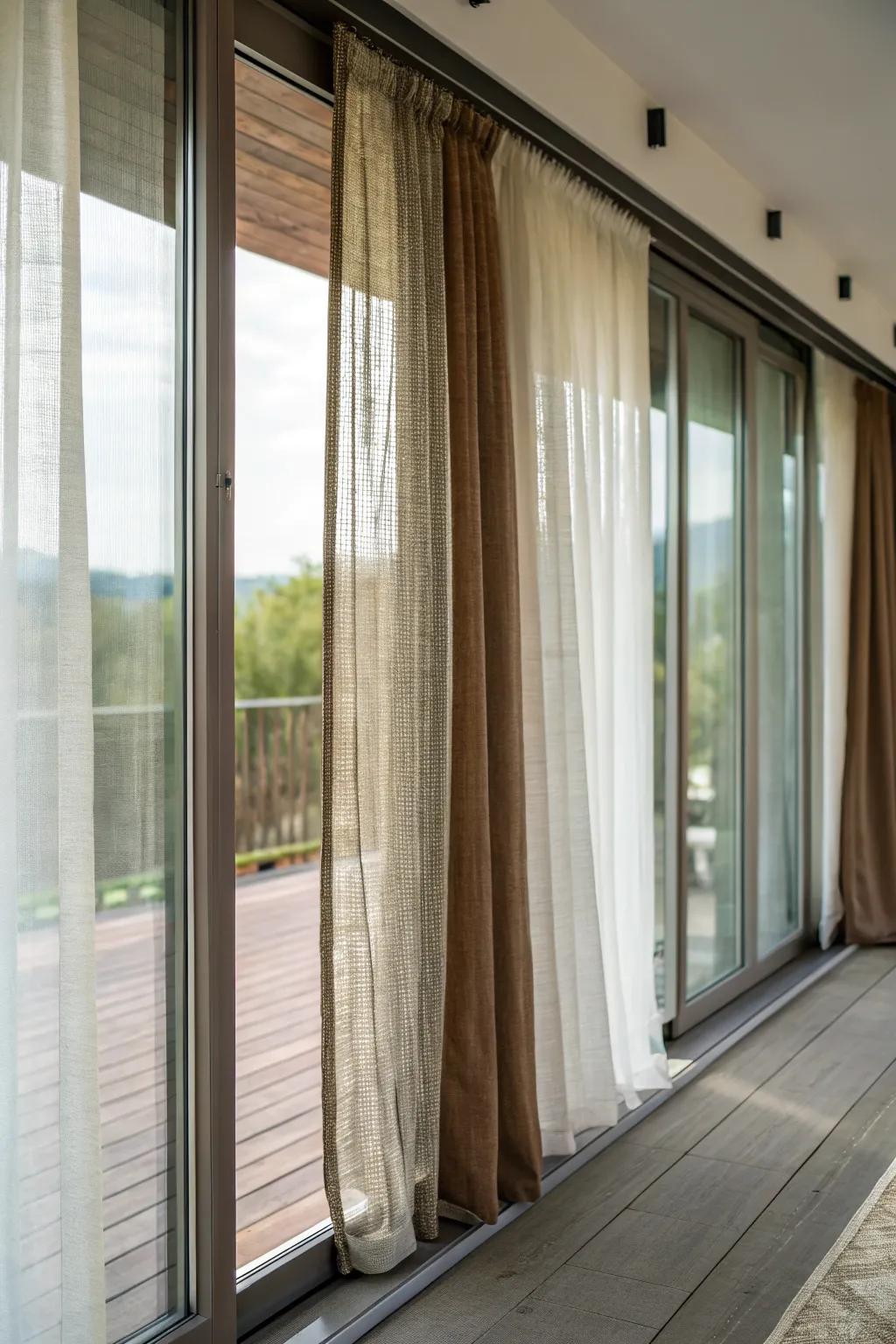 Layered drapes add depth to sliding glass doors.