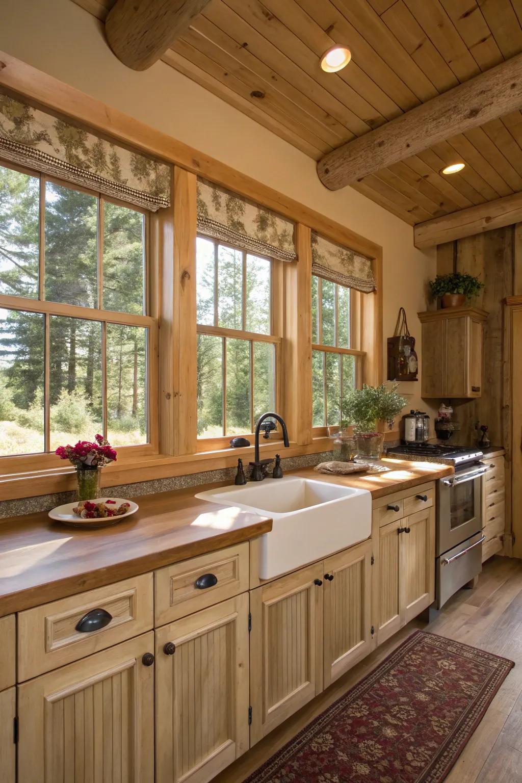 Cream window trim complements a country-style kitchen beautifully.