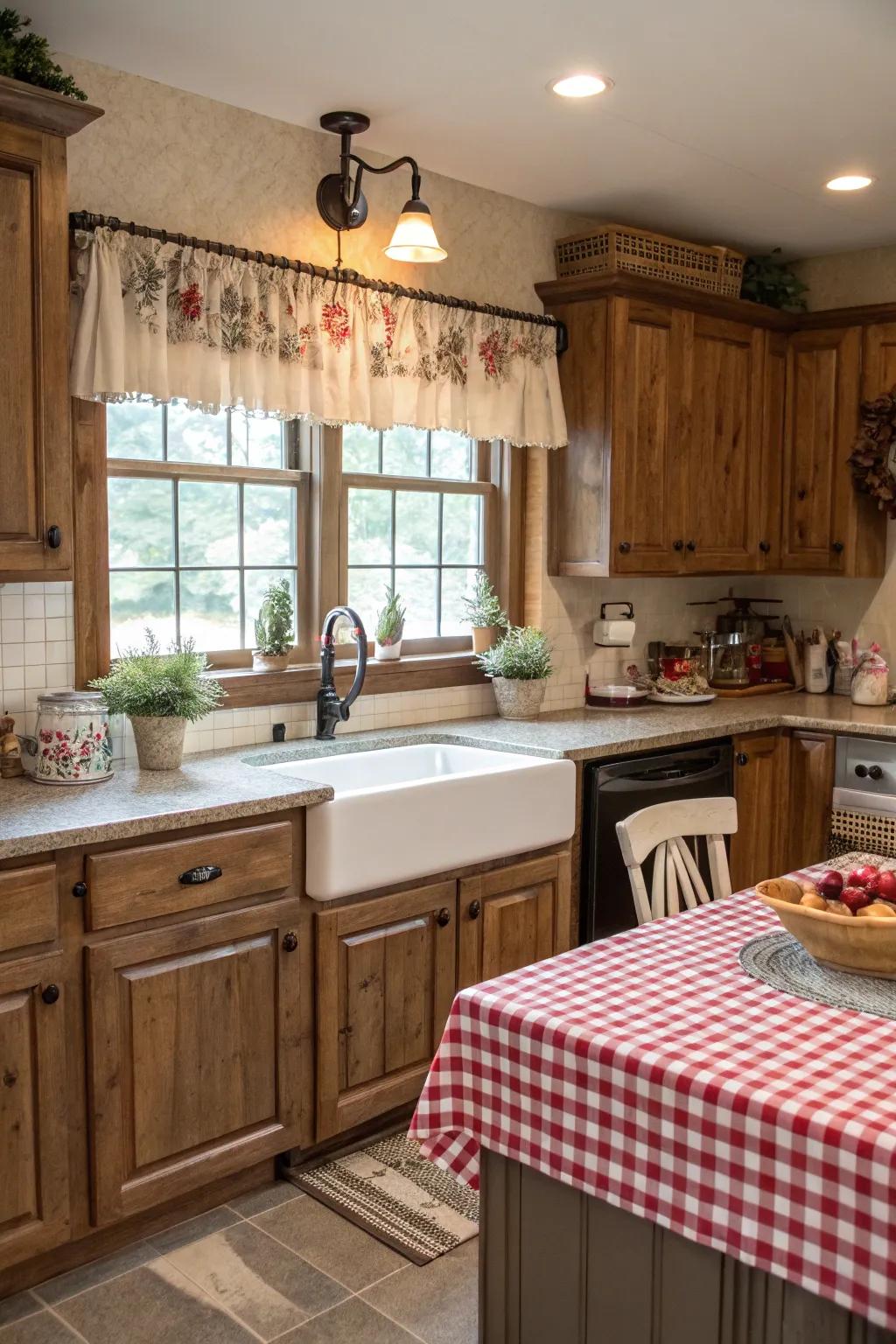 Fastened valances enrich your kitchen's allure.