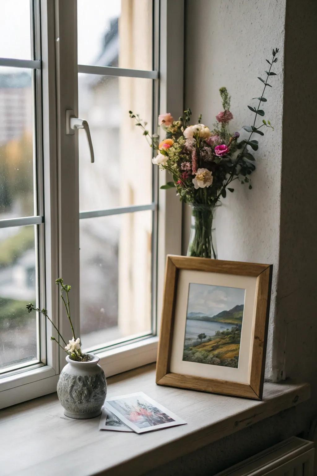 Artistic elements on the windowsill introduce a customized and inventive flair.