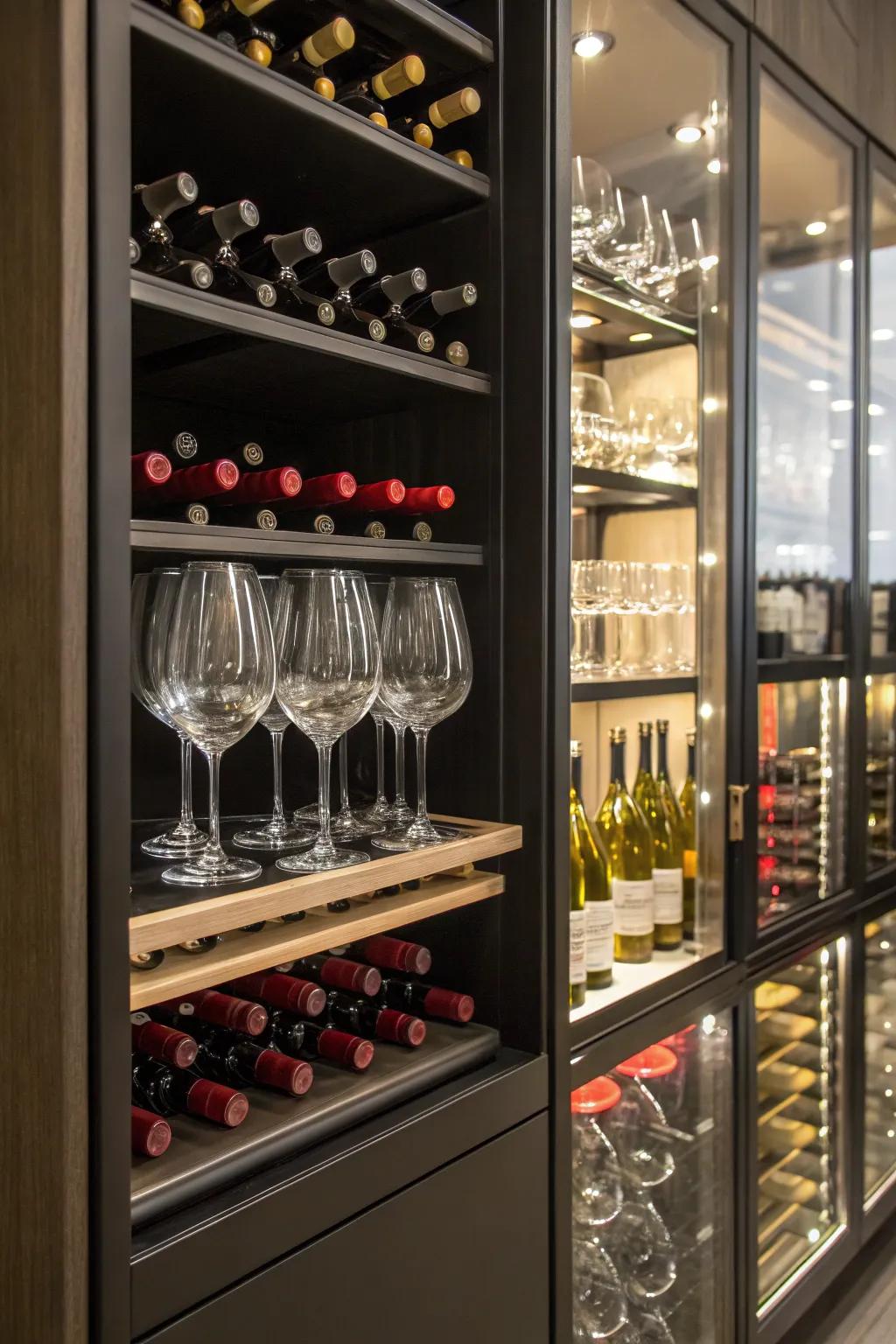 A mixed storage unit stylishly combining wine glasses and bottles.