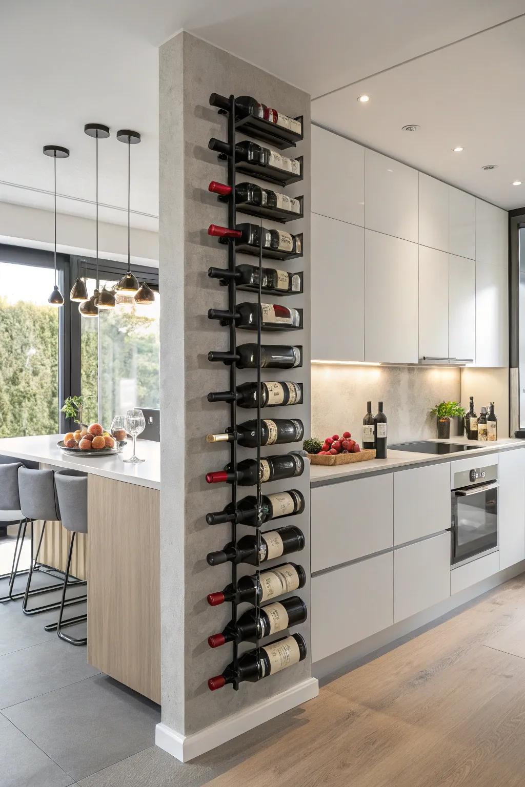 A sleek vertical wall-mounted wine rack in a modern kitchen.
