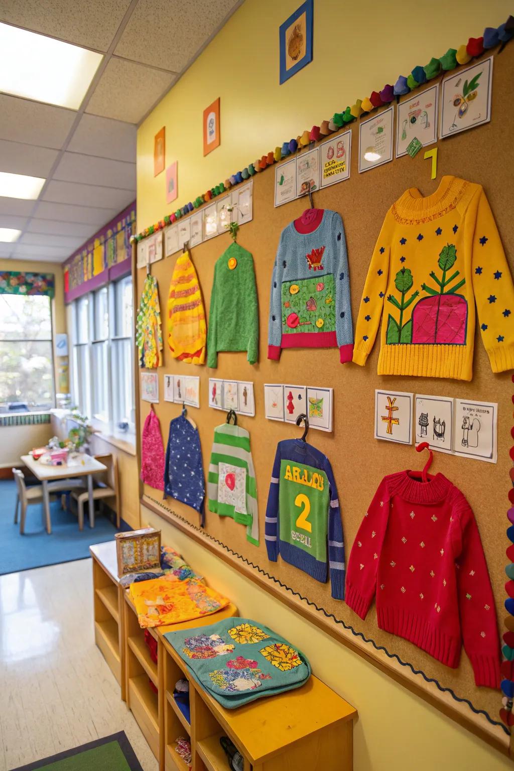 Children's personalized sweater designs infuse the bulletin board with a sense of coziness.