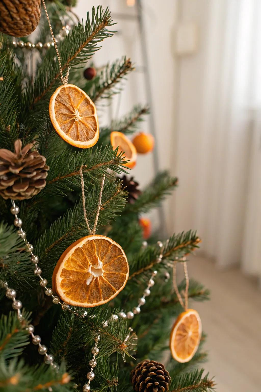 Dried citrus circle decors bring natural radiance to a holiday tree.