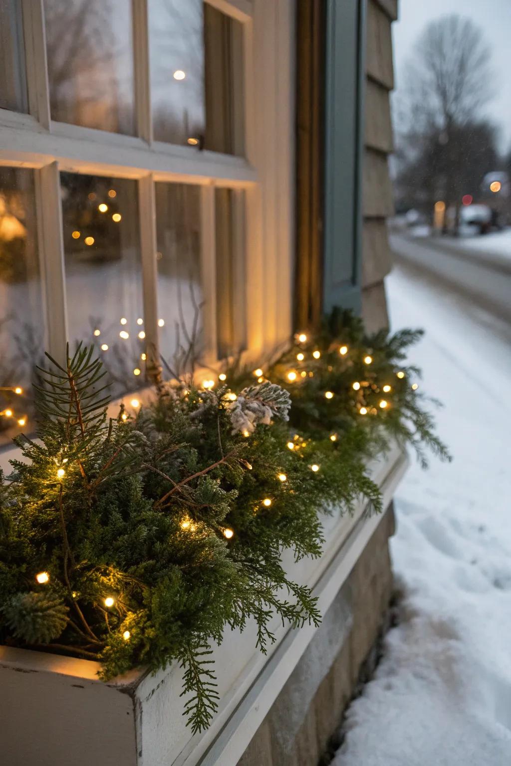 Twinkling lights wrapped around greenery create a magical winter window box.