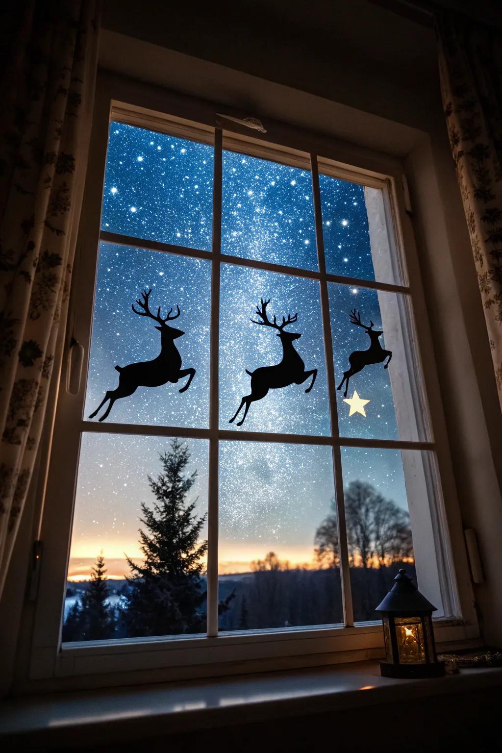Reindeer in flight evoke the magic of Christmas Eve.
