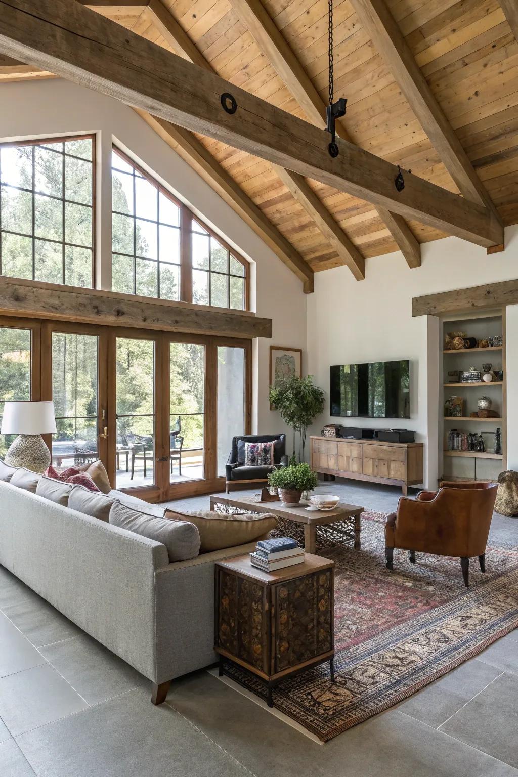An eclectic living space showcasing a mix of modern and countryside elements.