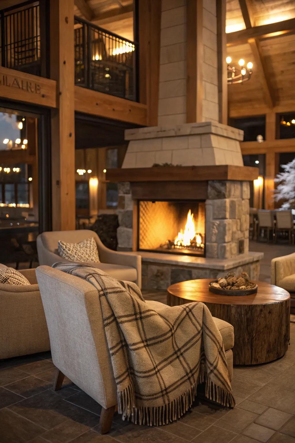An inviting seating spot provides relaxation by the fire.