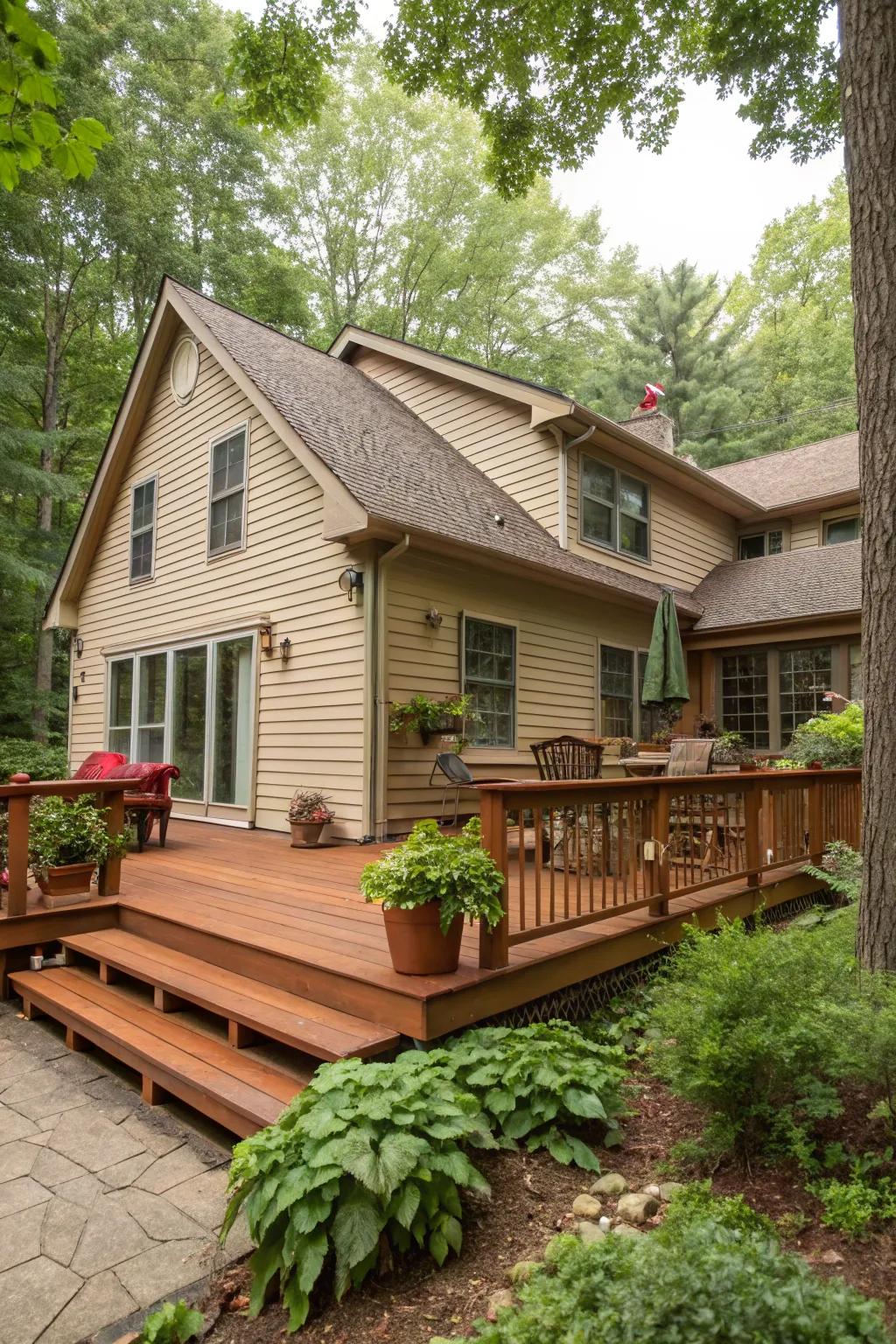 A rustic red cedar deck contributes a lively element to a beige house, integrating wonderfully with its surroundings.