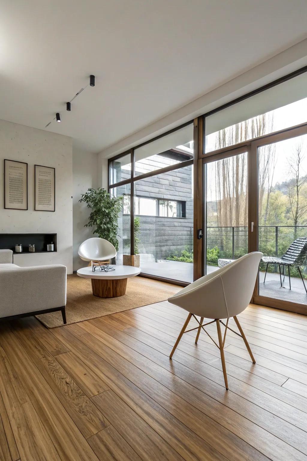A contemporary interior showcasing ecologically sound bamboo flooring.