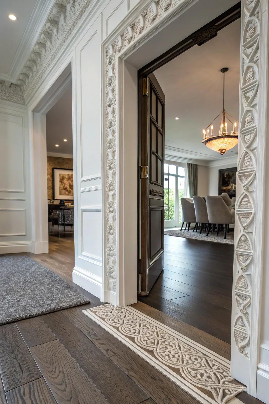 Ornamental doorways fashion an elegant connection between differing flooring styles.