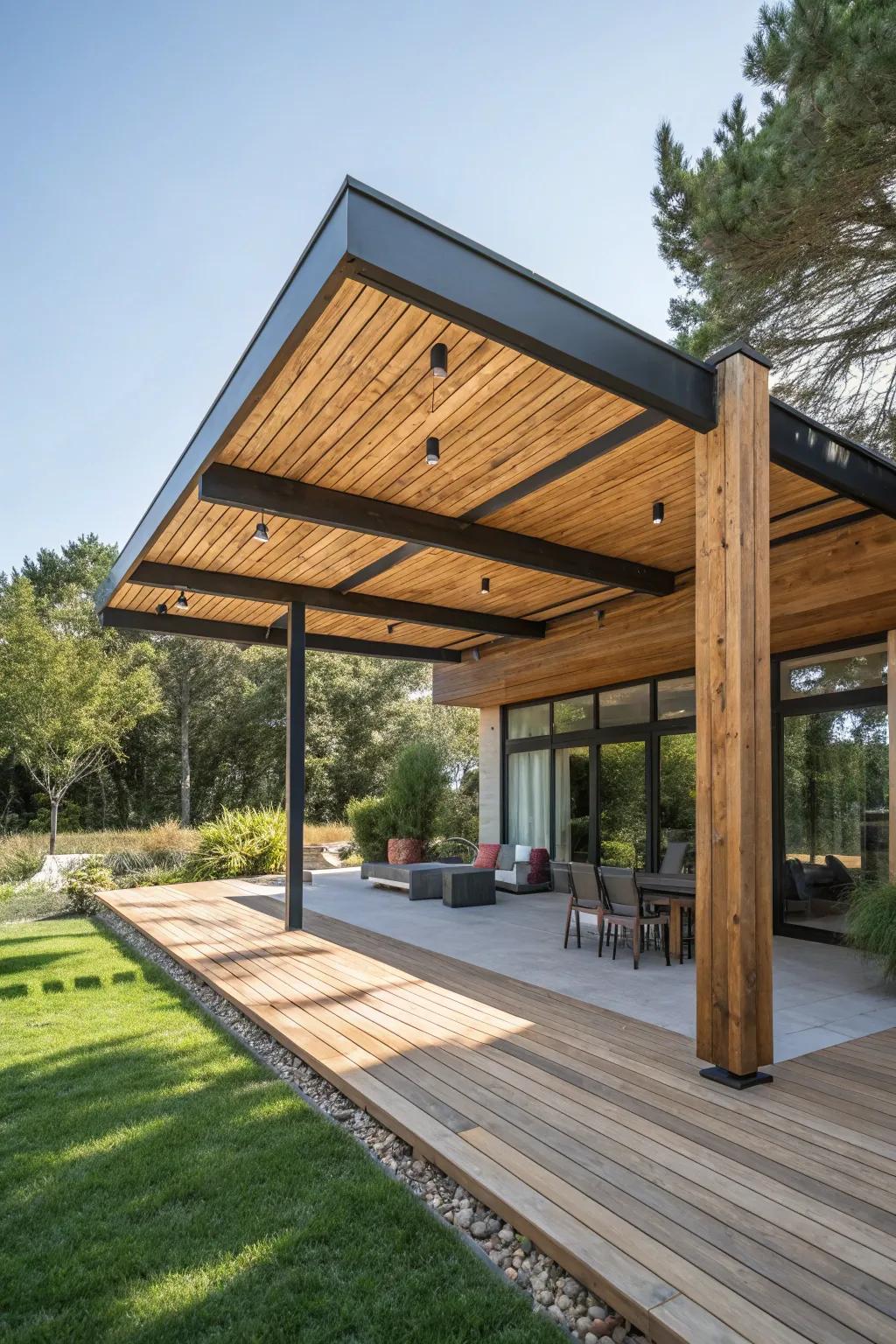A chic combination of modern and rustic elements in a patio cover.