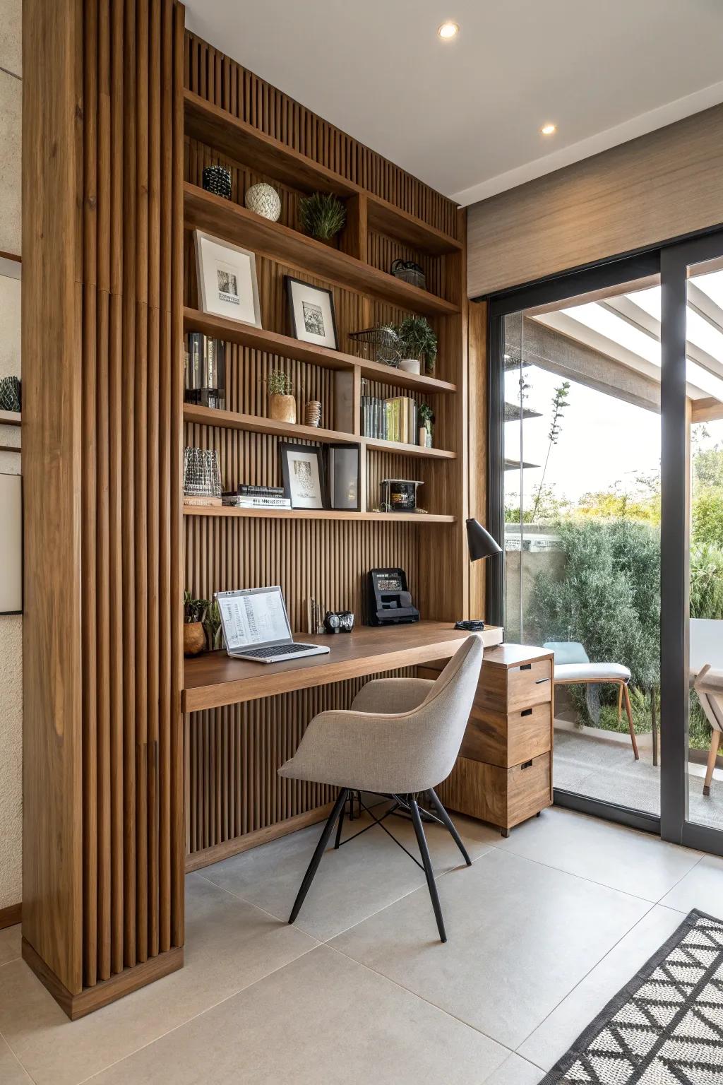 Balancing functionality and beauty: wooden panel wall complemented by integrated shelving.