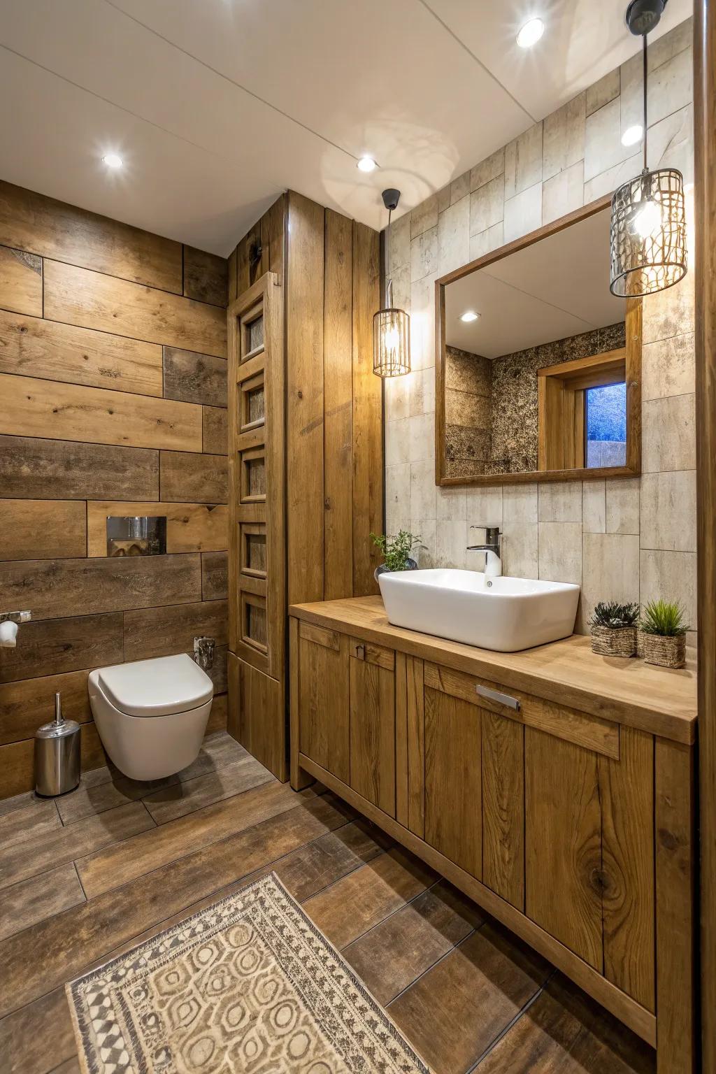 A bathroom showing designed wood tiles for a strong surface.