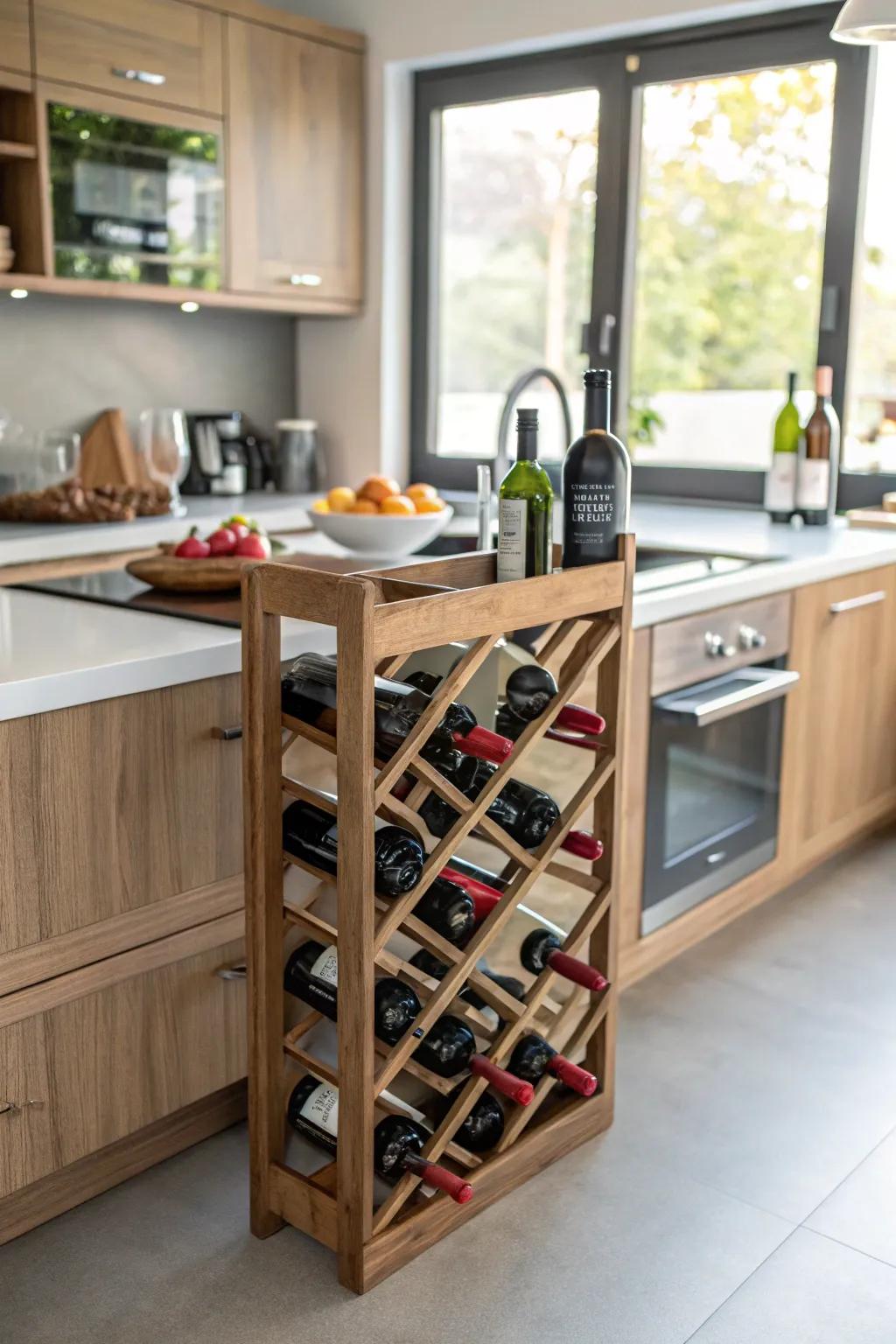 A wooden wine display that unifies sophistication with practicality.