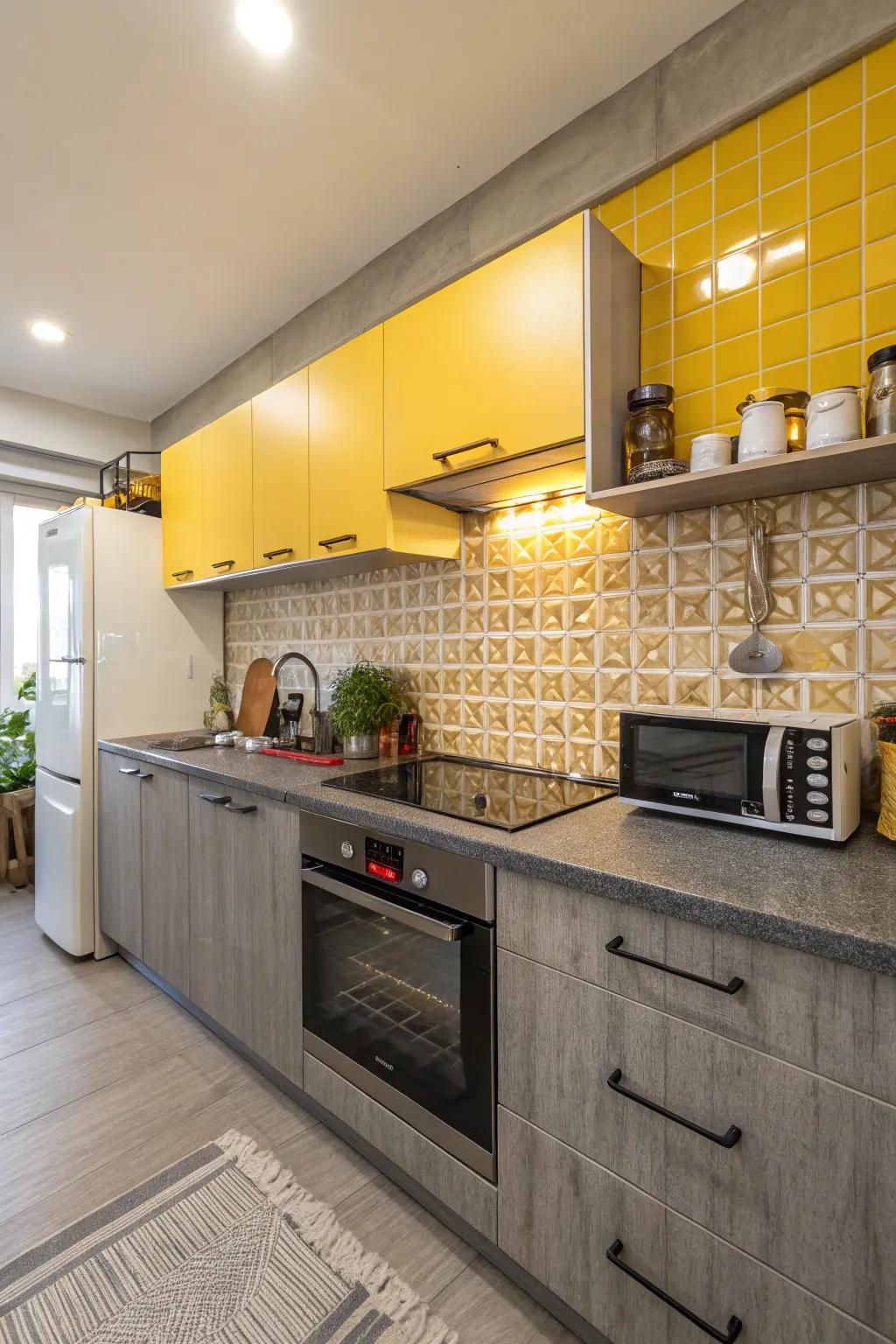 Stone counters complement the sunny goldenrod backsplash beautifully.