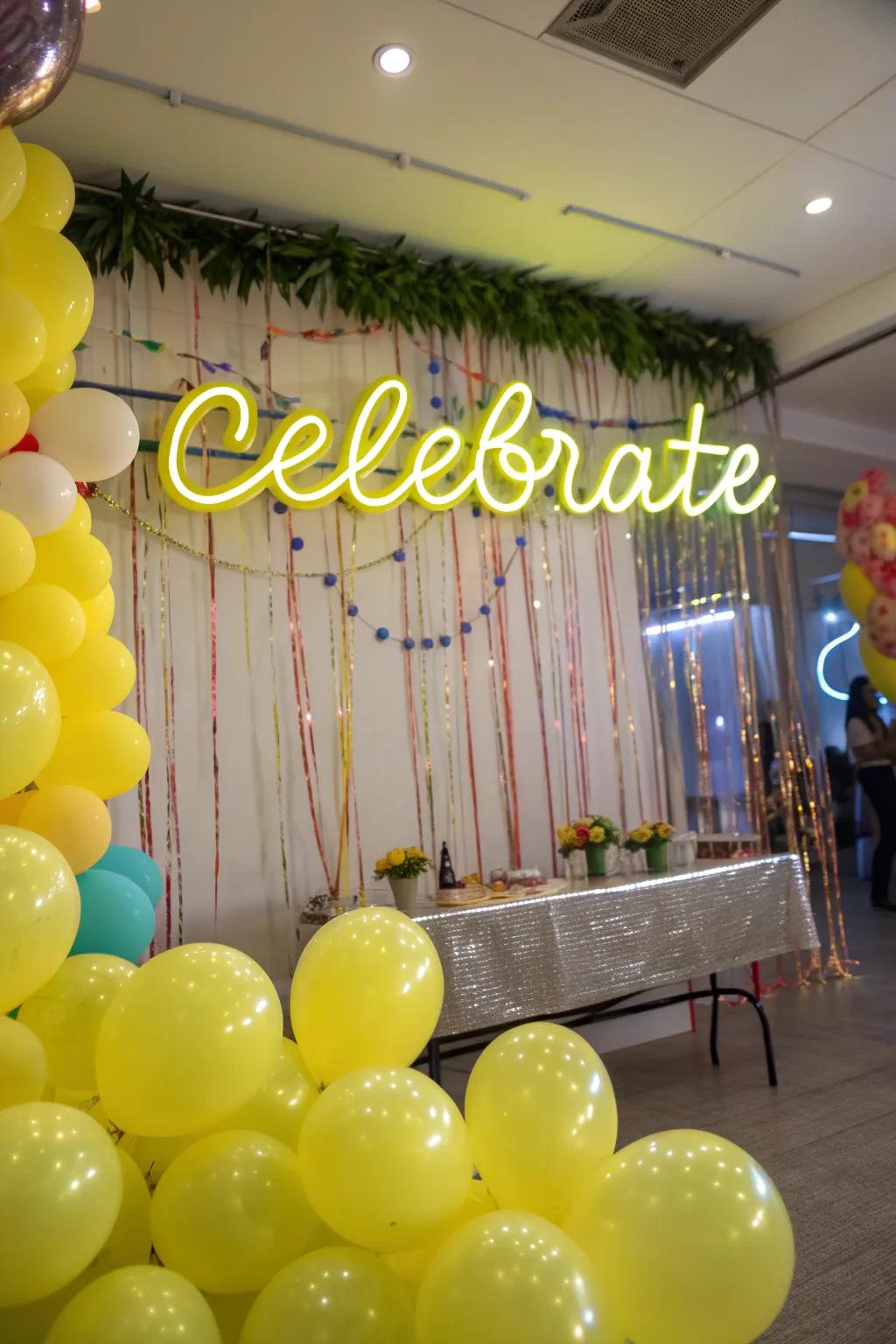 Neon sign complemented by yellow balloons for lively decor.