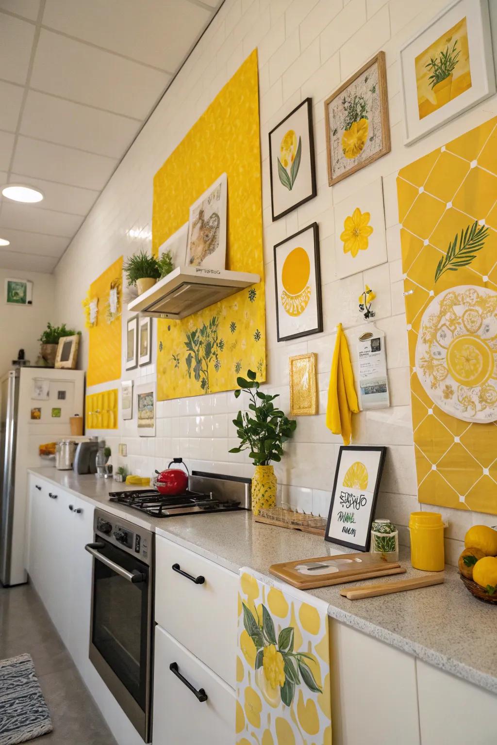 Yellow wall decor injects both individuality and vibrancy into the kitchen's aesthetic.