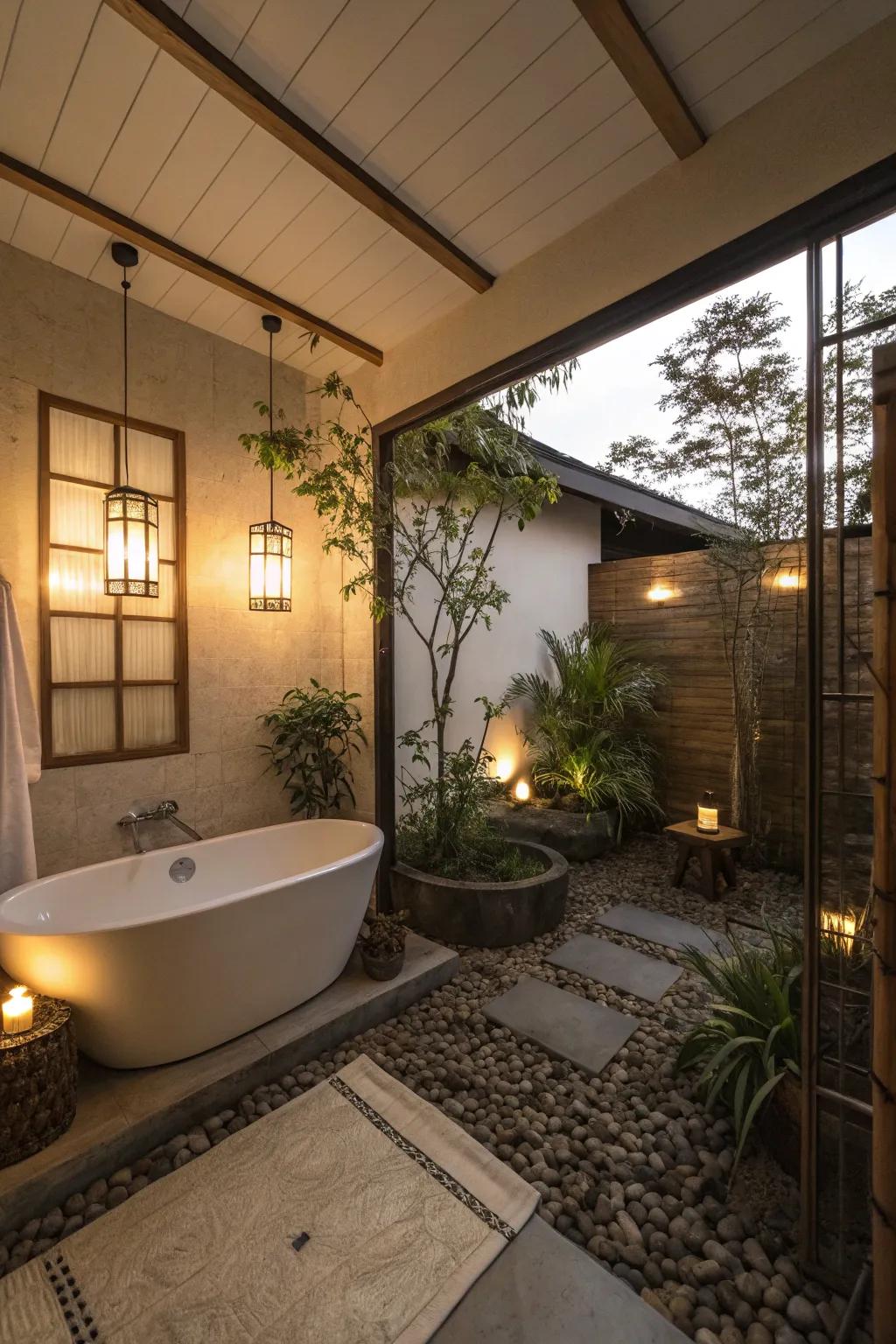 Soothing illumination transforms the restroom into a serene retreat.
